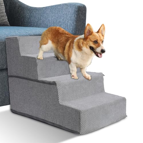 MASTERTOP Hundetreppe 4 Stufen,Große Haustiertreppe aus 30D Schwamm,Faltbare Hundetreppe für Kleine Hunde, rutschfeste Hunderampen Katzentreppe mit Abnehmbarer Bezug für Bett,Sofa-Grau von MASTERTOP