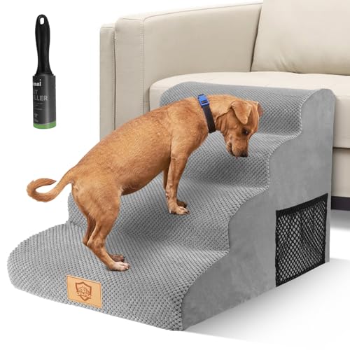 MASTERTOP Hundetreppe & Katzentreppe mit 4 Stufen - Hochdichte Hunderampe für Sofa, Bett & Couch | Abnehmbarer Waschbarer Plüschbezug | Für Große/Kleine Hunde & Katzen | Grau von MASTERTOP