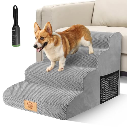 MASTERTOP Hundetreppe für Hunde und Katzen, 4 Stufen Haustiertreppe mit Waschbar Plüschbezug, Hochdichter Schwamm Hunderampe Katzentreppe für Bett und Sofa, Senden 1 Fusselrolle von MASTERTOP