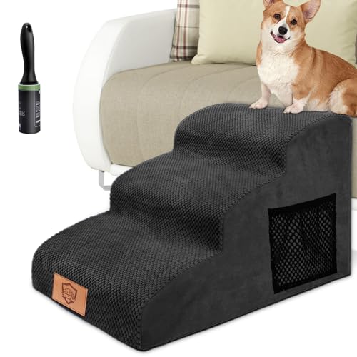 MASTERTOP Hundetreppe 3 Stufen, Hochdichter Schwamm Haustiertreppe Hundetreppe für kleine Hunde, rutschfest Tragbar Hunderampe Katzentreppe mit Waschbar Plüschbezug für Sofa Betten(Schwarz) von MASTERTOP