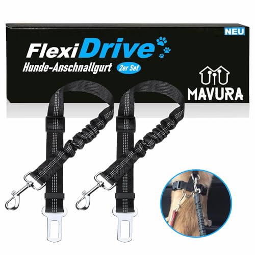 FlexiDrive Hunde Auto Sicherheitsgurt elastisch verstellbar, KFZ Hundegurt mit Rückdämpfung schwarz [2er Set] von MAVURA