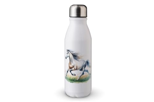 MAXIKIWI - Einwandige Wasserflasche mit Schraubverschluss, nicht isoliert, leichtes Aluminium, BPA-frei, auslaufsicher, Aquarell-Pferde-Thema, 4–500 ml von MAXIKIWI