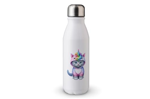 MAXIKIWI - Einwandige Wasserflasche mit Schraubverschluss, nicht isoliert, leichtes Aluminium, BPA-frei, auslaufsicher, Einhorn-Kostüm für Katzen, 500 ml von MAXIKIWI