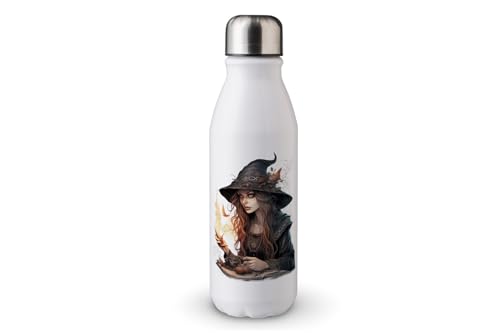 MAXIKIWI - Einwandige Wasserflasche mit Schraubverschluss, nicht isoliert, leichtes Aluminium, BPA-frei, auslaufsicher, Halloween-Hexe, 500 ml von MAXIKIWI