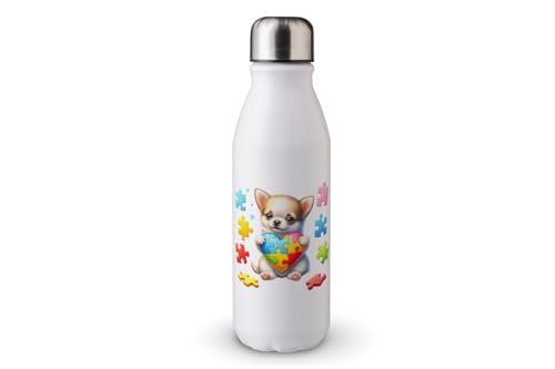 MAXIKIWI - Einwandige Wasserflasche mit Schraubverschluss, nicht isoliert, leichtes Aluminium, BPA-frei, auslaufsicher, Hund mit Autismus-Puzzle-Herz, 500 ml von MAXIKIWI