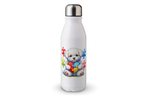 MAXIKIWI - Einwandige Wasserflasche mit Schraubverschluss, nicht isoliert, leichtes Aluminium, BPA-frei, auslaufsicher, Hund mit Autismus-Puzzle-Herz, 500 ml von MAXIKIWI