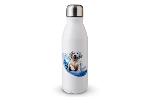 MAXIKIWI - Einwandige Wasserflasche mit Schraubverschluss, nicht isoliert, leichtes Aluminium, BPA-frei, auslaufsicher, Hund reitet auf einer Curling-Welle – 500 ml von MAXIKIWI