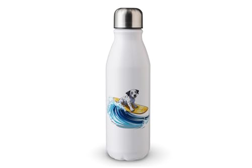 MAXIKIWI - Einwandige Wasserflasche mit Schraubverschluss, nicht isoliert, leichtes Aluminium, BPA-frei, auslaufsicher, Hund reitet auf einer Curling-Welle – 500 ml von MAXIKIWI