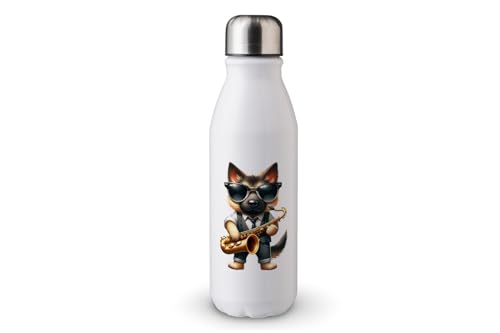 MAXIKIWI - Einwandige Wasserflasche mit Schraubverschluss, nicht isoliert, leichtes Aluminium, BPA-frei, auslaufsicher, Hundesaxophon Guy - 500 ml von MAXIKIWI