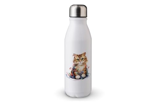 MAXIKIWI - Einwandige Wasserflasche mit Schraubverschluss, nicht isoliert, leichtes Aluminium, BPA-frei, auslaufsicher, Katze in Weihnachtsbeleuchtung, 500 ml von MAXIKIWI