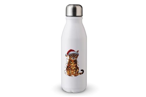 MAXIKIWI - Einwandige Wasserflasche mit Schraubverschluss, nicht isoliert, leichtes Aluminium, BPA-frei, auslaufsicher, Katze in Weihnachtsbeleuchtung gewickelt - 500 ml von MAXIKIWI