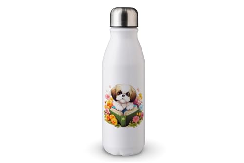 MAXIKIWI - Einwandige Wasserflasche mit Schraubverschluss, nicht isoliert, leichtes Aluminium, BPA-frei, auslaufsicher, Kawaii Dogs Book Hoarder - 500 ml von MAXIKIWI