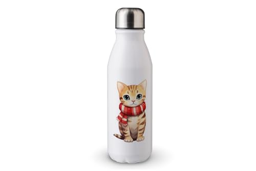 MAXIKIWI - Einwandige Wasserflasche mit Schraubverschluss, nicht isoliert, leichtes Aluminium, BPA-frei, auslaufsicher, Kawaii-Weihnachtskatzen-Aufkleber, 500 ml von MAXIKIWI