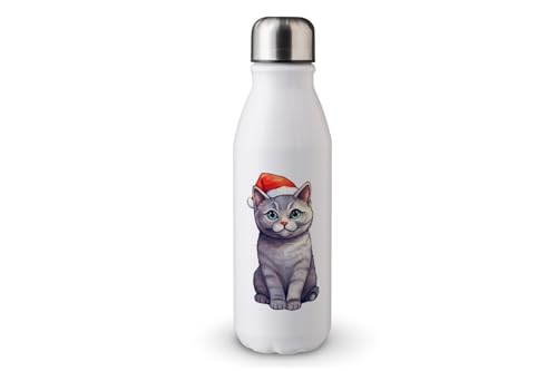 MAXIKIWI - Einwandige Wasserflasche mit Schraubverschluss, nicht isoliert, leichtes Aluminium, BPA-frei, auslaufsicher, Kawaii-Weihnachtskatzen-Aufkleber, 500 ml von MAXIKIWI