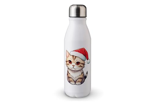 MAXIKIWI - Einwandige Wasserflasche mit Schraubverschluss, nicht isoliert, leichtes Aluminium, BPA-frei, auslaufsicher, Kawaii-Weihnachtskatzen-Aufkleber, 500 ml von MAXIKIWI