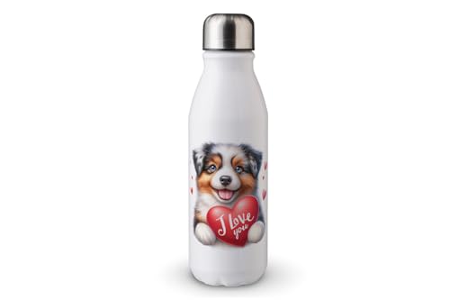 MAXIKIWI - Einwandige Wasserflasche mit Schraubverschluss, nicht isoliert, leichtes Aluminium, BPA-frei, auslaufsicher, Valentins-süßes Hunde-Thema, 1-500 ml von MAXIKIWI