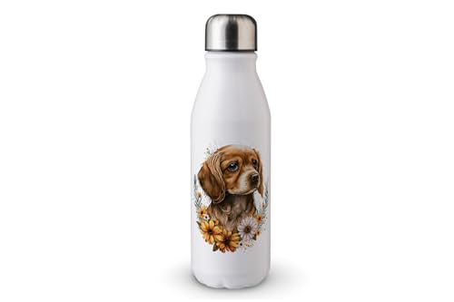 MAXIKIWI - Einwandige Wasserflasche mit Schraubverschluss, nicht isoliert, leichtes Aluminium, BPA-frei, auslaufsicher, florale süße Hunde, Aquarell, 500 ml von MAXIKIWI