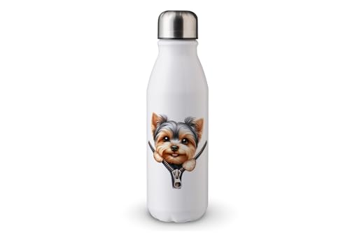 MAXIKIWI - Einwandige Wasserflasche mit Schraubverschluss, nicht isoliert, leichtes Aluminium, BPA-frei, auslaufsicher, niedliche Reißverschluss-Hunde, 500 ml von MAXIKIWI