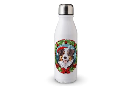 MAXIKIWI - Einwandige Wassertrinkflasche mit Schraubverschluss, nicht isoliert, leichtes Aluminium, BPA-frei, auslaufsicher, weihnachtlicher Hund, Buntglas, 500 ml von MAXIKIWI