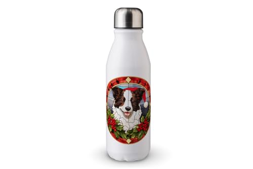 MAXIKIWI - Einwandige Wassertrinkflasche mit Schraubverschluss, nicht isoliert, leichtes Aluminium, BPA-frei, auslaufsicher, weihnachtlicher Hund, Buntglas, 500 ml von MAXIKIWI