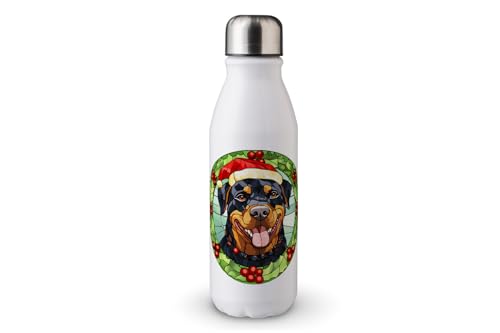 MAXIKIWI - Einwandige Wassertrinkflasche mit Schraubverschluss, nicht isoliert, leichtes Aluminium, BPA-frei, auslaufsicher, weihnachtlicher Hund, Buntglas, 500 ml von MAXIKIWI