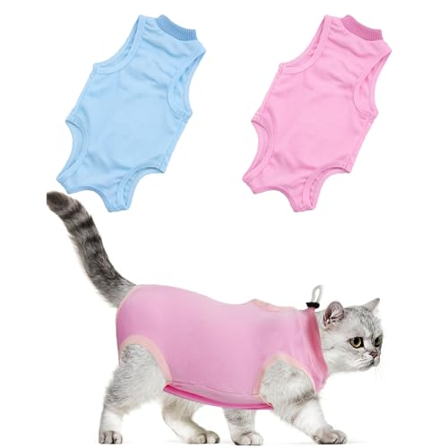 2 Stück Katzen-Rehabilitationskleidung, postoperative Genesungskleidung, Anti-Kratz- und Anti-Leck-Schutz, weiche Katzenkleidung, Wundschutzkleidung, Katzenweste, Haustier-Pyjama (Rosa, Blau) von MAXQUU