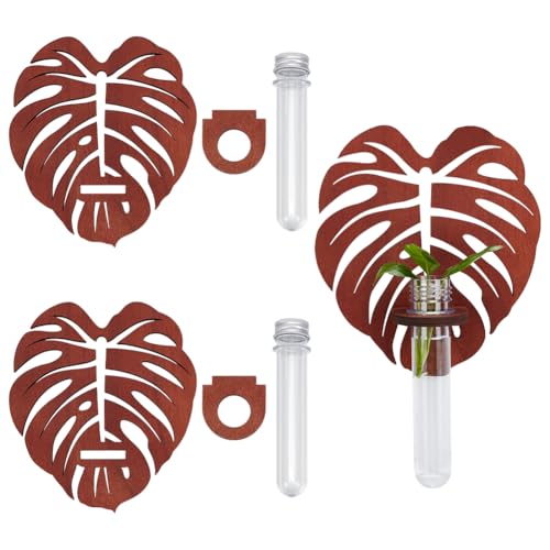 MAYJOYDIY 2 Set Hölzerner Wandpflanzer Mit Monstera Blättern Wand Anzuchtstation Pflanzenhalter Dekorativ 2 Reagenzglas Anzuchtvase Für Zuhause Büro Dekoration Garten Pflanzenstützen von MAYJOYDIY