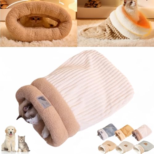 MAYYOONA Katze Winterschlafsack, Katze Schlafsack, Weicher Plüsch Große Katze Sack Selbst Warmes Katzenbett, Selbst Wärmende Katze Bett 360 ° Wrap, Haustier Matte Wärmkissen Sack (cremefarben,L) von MAYYOONA