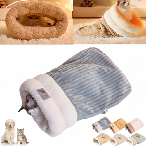 MAYYOONA Katze Winterschlafsack, Katze Schlafsack, Weicher Plüsch Große Katze Sack Selbst Warmes Katzenbett, Selbst Wärmende Katze Bett 360 ° Wrap, Haustier Matte Wärmkissen Sack (grau-blau,L) von MAYYOONA