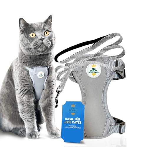 MC-Royal® Premium Katzengeschirr mit Leine ausbruchsicher, größenverstellbar, Katzenleine mit Geschirr, Cat Harness, Geschirr Set, Grau (XXS) von MC-Royal