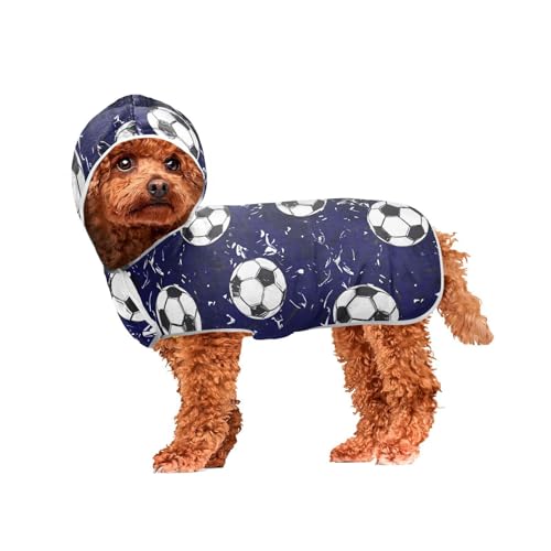 MCHIVER Blaues Fußball-Hunde-Badetuch mit Kapuze, schnell trocknend, Haustier-Bademäntel, verstellbare Hunde-Trocknungsmäntel, Handtücher, Wraps für Schwimmen, Strand, Baden, Pool, 60 x 65 cm von MCHIVER