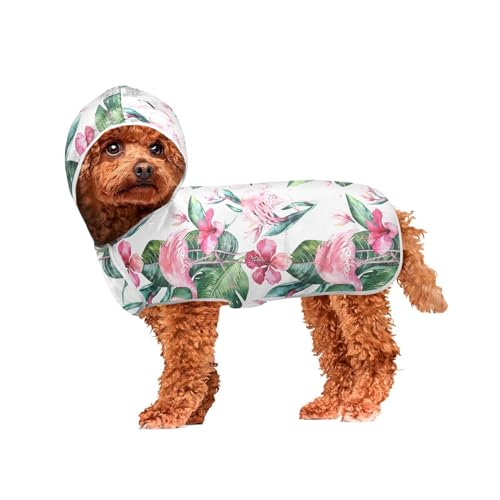 MCHIVER Flamingo Blätter Floral Hund Badetuch Robe mit Kapuze Schnell trocknend Haustier Bademäntel Verstellbar Hund Trocknen Mäntel Handtücher Wraps für große, mittelgroße und kleine Hunde 50 x 60 cm von MCHIVER