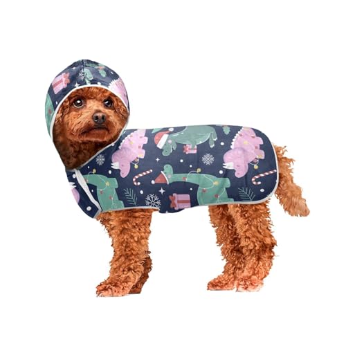 MCHIVER Frohe Weihnachten Dinosaurier Hund Badetuch Robe mit Kapuze Schnell trocknend Haustier Bademäntel Verstellbare Hund Trocknen Mäntel Handtücher Wraps für große, mittelgroße kleine Hunde 50 x 60 von MCHIVER