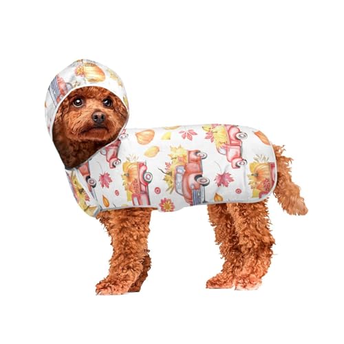 MCHIVER Kürbis Herbst Auto Thanksgiving Hund Badetuch Robe mit Kapuze Schnell trocknend Haustier Bademäntel Verstellbare Hund Trocknen Mäntel Handtücher Wraps für Strand Baden Pool Schwimmen 60 x 65 von MCHIVER