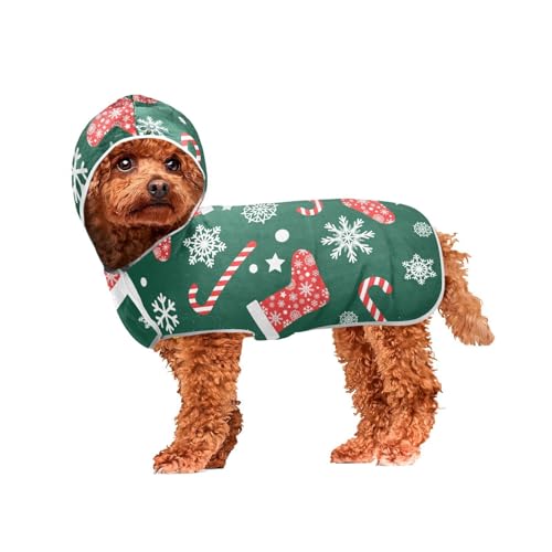 MCHIVER Weihnachtsstrumpf Socken Schnee Hund Badetuch Robe mit Kapuze Schnell trocknend Haustier Bademäntel Verstellbare Hund Trocknen Mäntel Handtücher Wraps für kleine, mittelgroße und große Hunde von MCHIVER