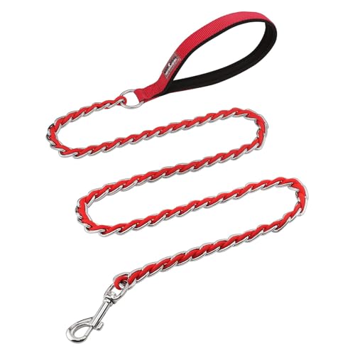 Kettenleine Hund,Kausichere Schleppleine Metall-Leine für Mittelgroße und Große Kleine Hunde Bissfeste Hundeleine, Kettenhalsband Hund (Rot - Kleine & mittlere Hundeleine, 4FT-1.2M) von MCOPART