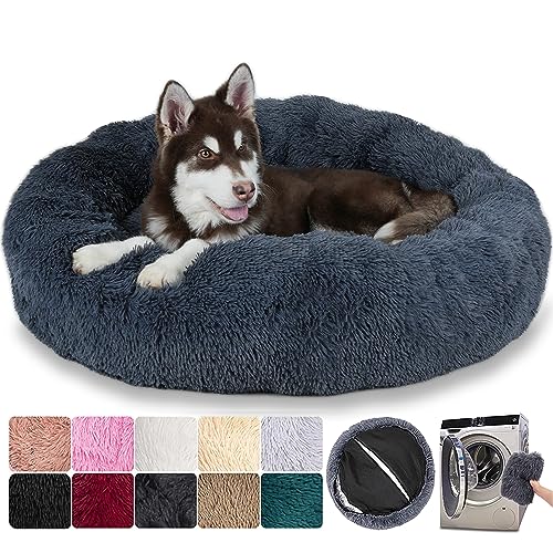 Deluxe Rund Hundebett Grosse Hunde - Waschbares & Abnehmbares Rund Hundekissen, Hundematte mit Reißverschluss, Rutschfester Unterseite, für große mittelgroße & kleine Hunde (L:80cm, Dunkelgrau) von MCPTSN