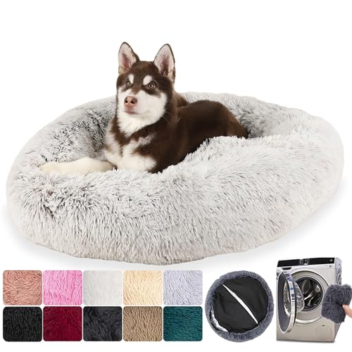 Hundebett, rund, ausziehbar, waschbar, leicht, orthopädisch, flauschig und bequem (4XL: 110 cm, grau) von MCPTSN