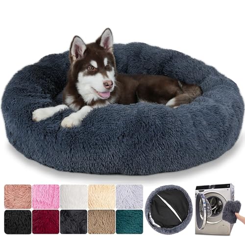 Puppy Love Hundebett, rund, ausziehbar, Kissen für Hunde und Katzen, waschbar, leicht, orthopädisch, flauschig und bequem (S: 50 cm, Dunkelgrau) von MCPTSN