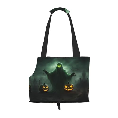 Green Ghost Horror Halloween Kürbis Print Haustier Tragbare Umhängetasche Faltbare Haustiertasche 13,4 x 6,1 x 10,2 Zoll für U-Bahn/Einkaufen/Wandern von MDATT