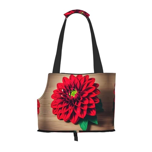 Holzbrett Retro Blume Rot Dahlie Druck Haustier Tragbare Umhängetasche Faltbare Haustiertasche 13,4 x 6,1 x 10,2 Zoll für U-Bahn/Einkaufen/Wandern von MDATT