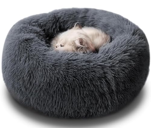 MDDK DY Hundebett,Katzenbett Flauschig,Hundekorb,Waschbar, Hundekissen 40cm, Hundekörbchen Rund aus Plüsch, Hundesofa, Katzenkorb, Hundebett für Kleine Mittel Hunde, Katzen Dunkelgrau von MDDK DY