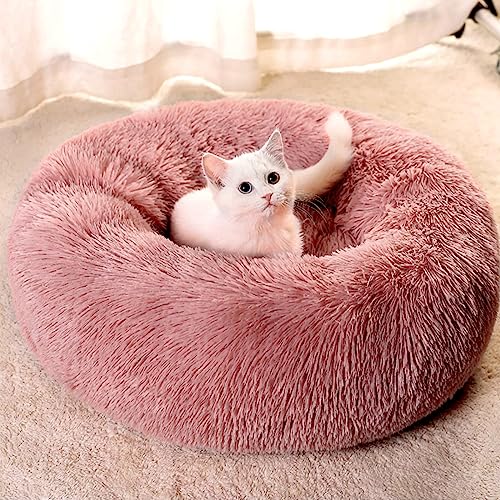 MDDK DY Katzenbett Flauschig Plüsch Hundekörbchen Hundekorb Waschbar，Katzenkorb zum schlafen,Hundekissen, Katzenkissen rund,Hundebett für Kleine und Mittel Große Hunde Katzen 60 cm Leder Pink von MDDK DY