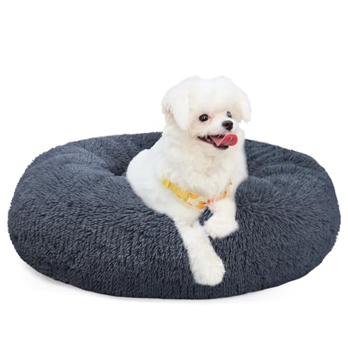 MDDK DY Hundebett Rund, katzenbett Flauschig, Hundekissen Waschbar, Polsterung in der Mitte Herausnehmbar, rutschfeste Unterseite 60 cm Durchmesser, Dunkelgrau von MDDK DY