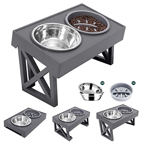 Erhöhte Hundenäpfe Einstellbar Erhöhter Hundenapf mit 2 Edelstahl mit Slow Feeder Bowl Hundefutterschalen Ständer Rutschfest Kein Verschütten Hundenapf Einstellbar auf 3 Höhen für Kleine Mittlere von MDEHOPET