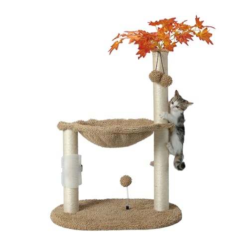 MECOOL Kratzbaum für Indoor-Katzen, 81,3 cm hoch, Katzenkratzbaum mit großem Hammcok, selbstmassage, Bursh hängende Kugelspielzeug, Ahorn, Beige von MECOOL