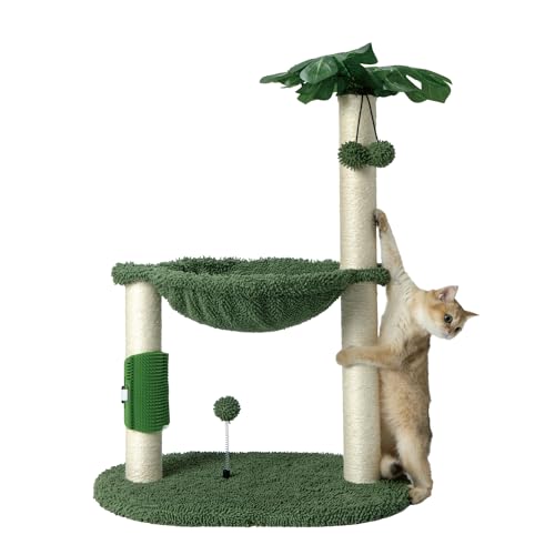 MECOOL Kratzbaum für Indoor-Katzen, 81,3 cm hoch, Katzenkratzbaum mit großem Hammcok, selbstmassage, Bursh hängende Kugelspielzeug, Monstera Deliciosa Grün von MECOOL