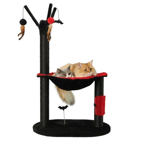 MECOOL Kratzbaum für Indoor-Katzen, 94 cm hoch, Katzenkratzbaum mit großem Hammcok, selbstmassage, Bursh hängende Kugelspielzeug, Schwarz von MECOOL