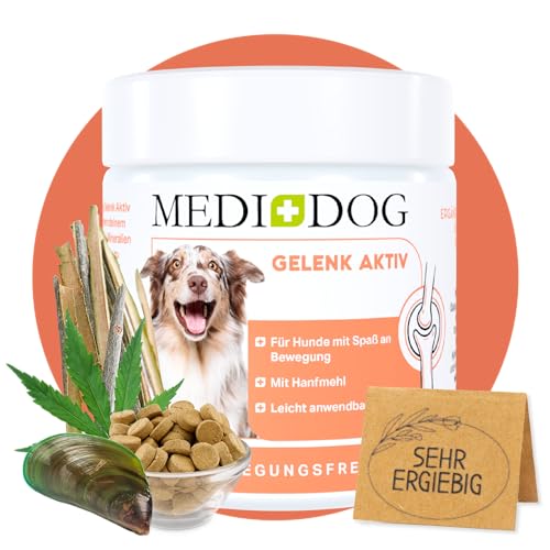 MEDIDOG Gelenk Aktiv Tabletten – ca. 210 Tabletten – für alle Hunde – Knochen & Gelenke, mit Grünlippmuschel, Kollagen-Hydrolysat, Glucosamin, Hanf, MSM, Teufelskralle, Chondroitin u.v.m von MEDIDOG