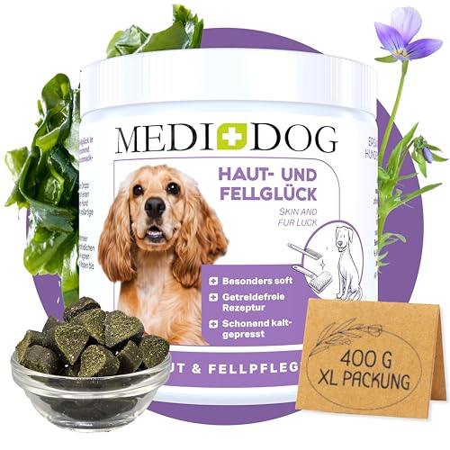 MEDIDOG Haut- und Fellglück - 400g - mit Biotin, Algenöl und Bierhefe, gegen Juckreiz, für gesunde Haut & glänzendes Fell- kaltgepresste Drops, getreidefreie Rezeptur von MEDIDOG